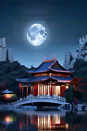 明月当空壮丽中国宫殿诗意画卷