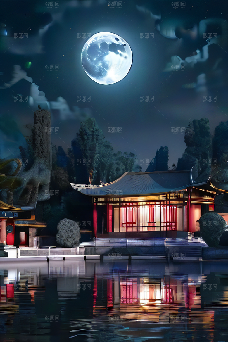 明月当空壮丽中国宫殿诗意画卷