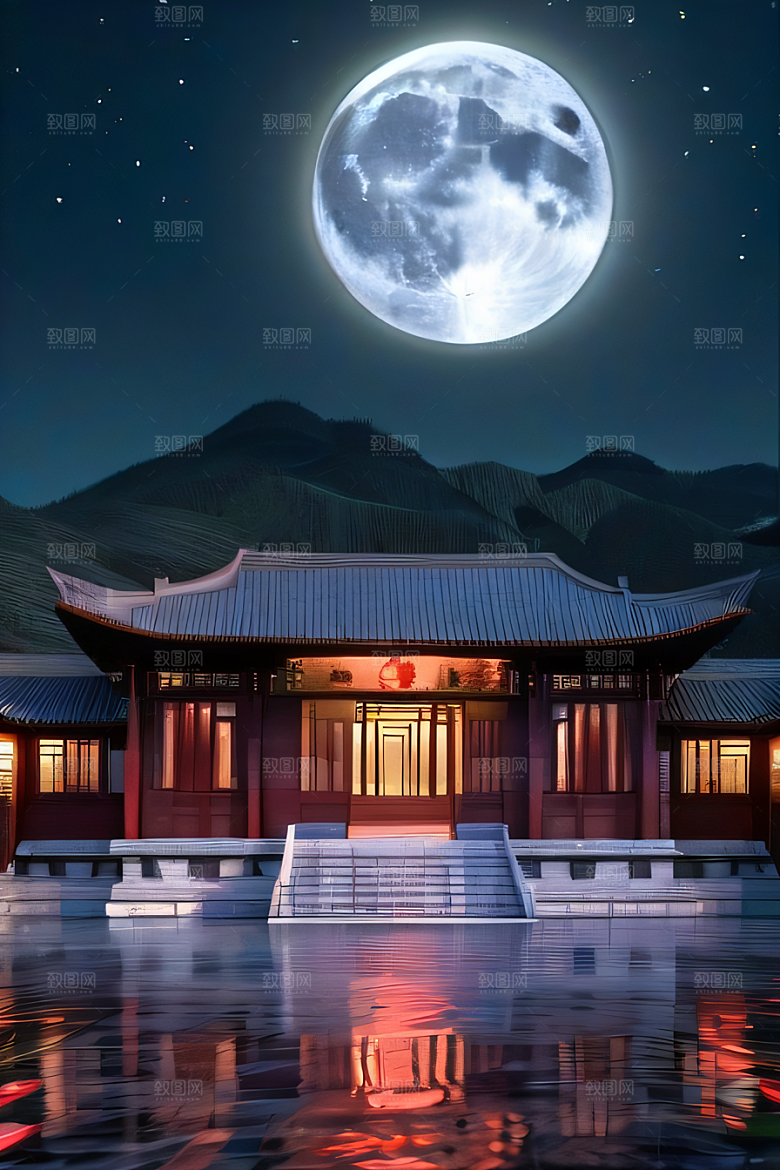 明月当空壮丽中国宫殿诗意画卷
