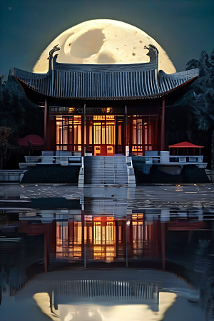 明月当空壮丽中国宫殿诗意画卷