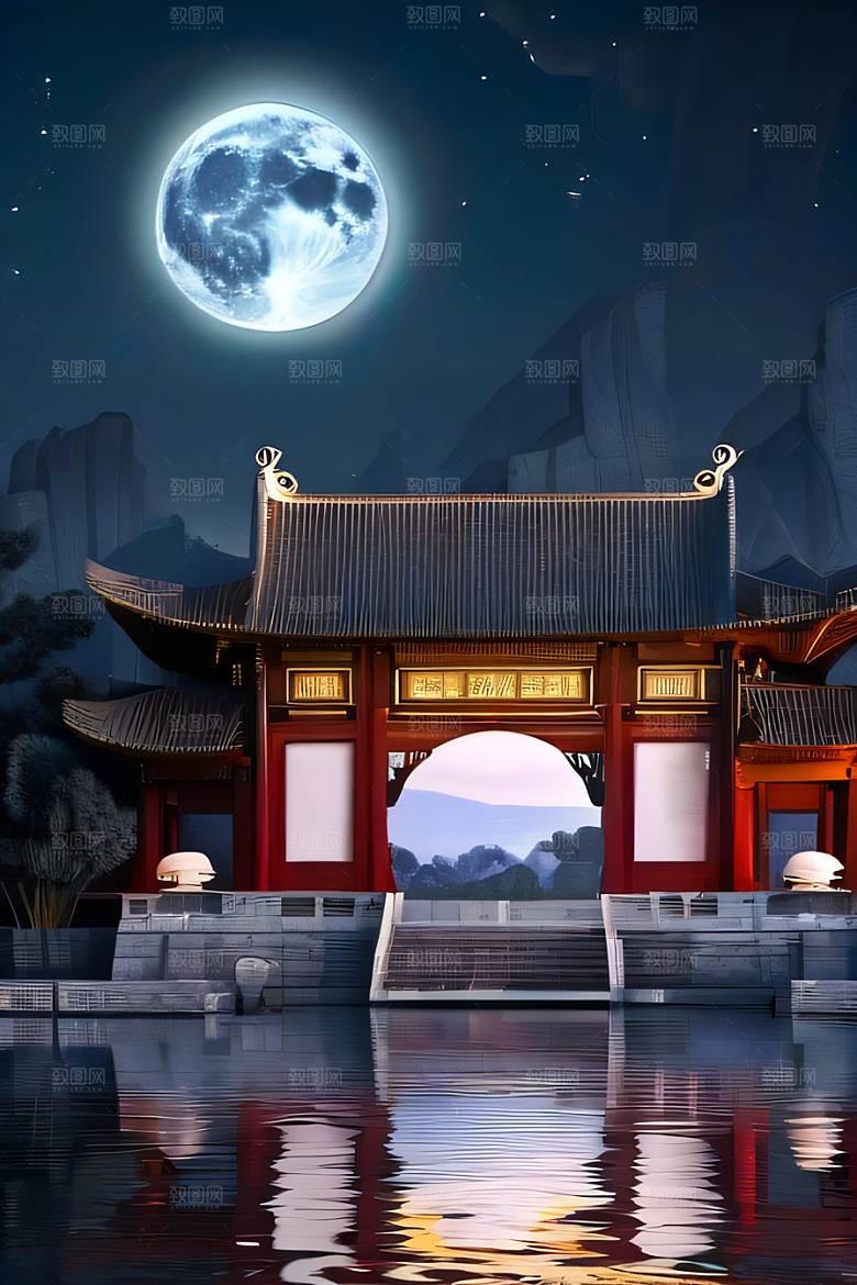 明月当空壮丽中国宫殿诗意画卷