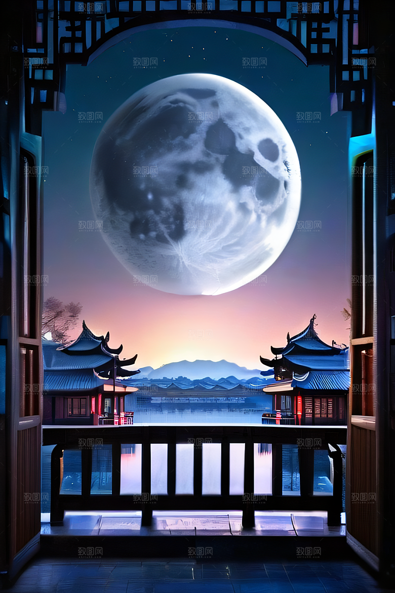明月当空壮丽中国宫殿诗意画卷