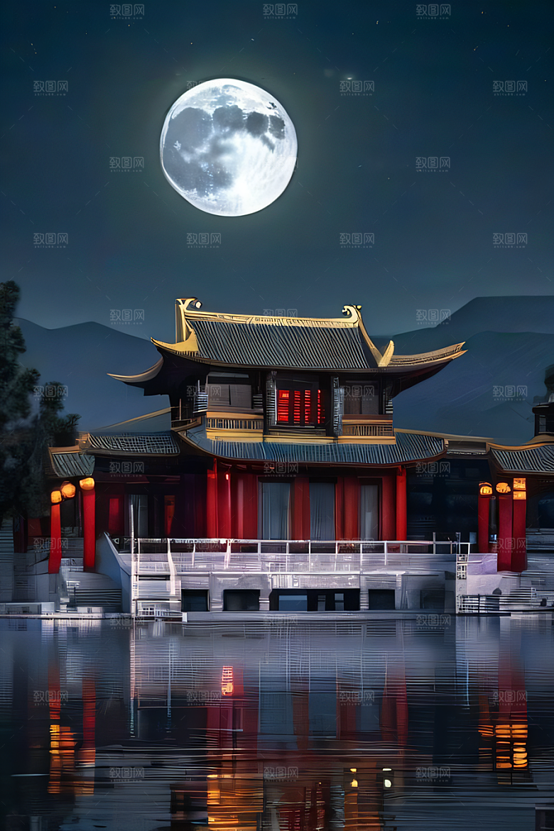 明月当空壮丽中国宫殿诗意画卷