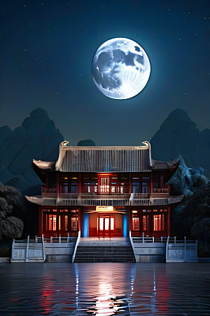 明月当空壮丽中国宫殿诗意画卷