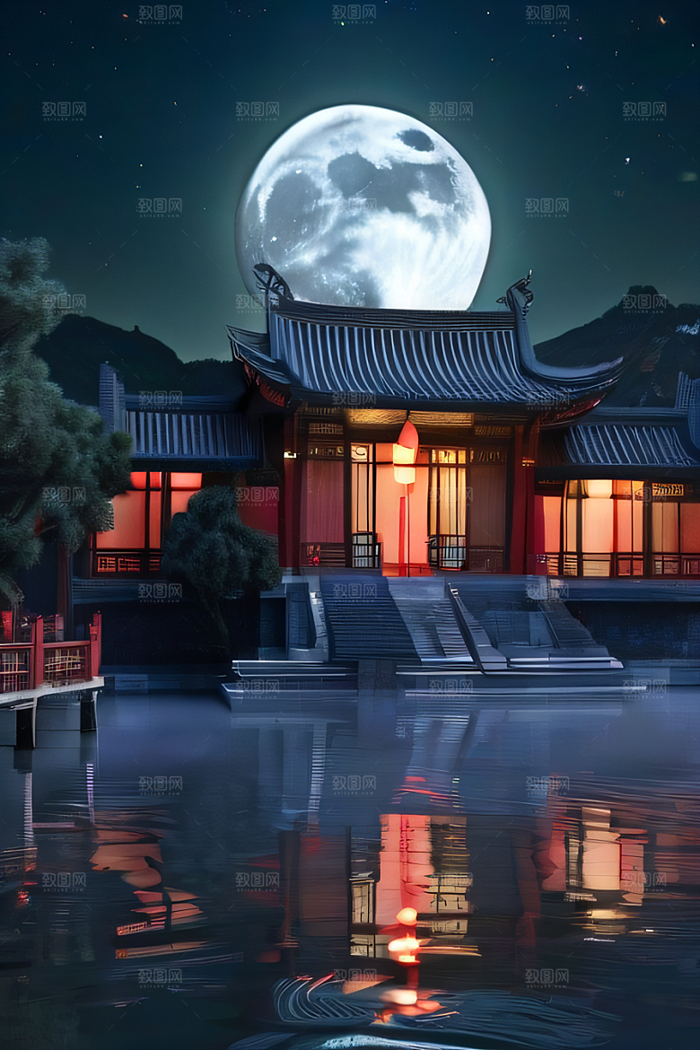 明月当空壮丽中国宫殿诗意画卷