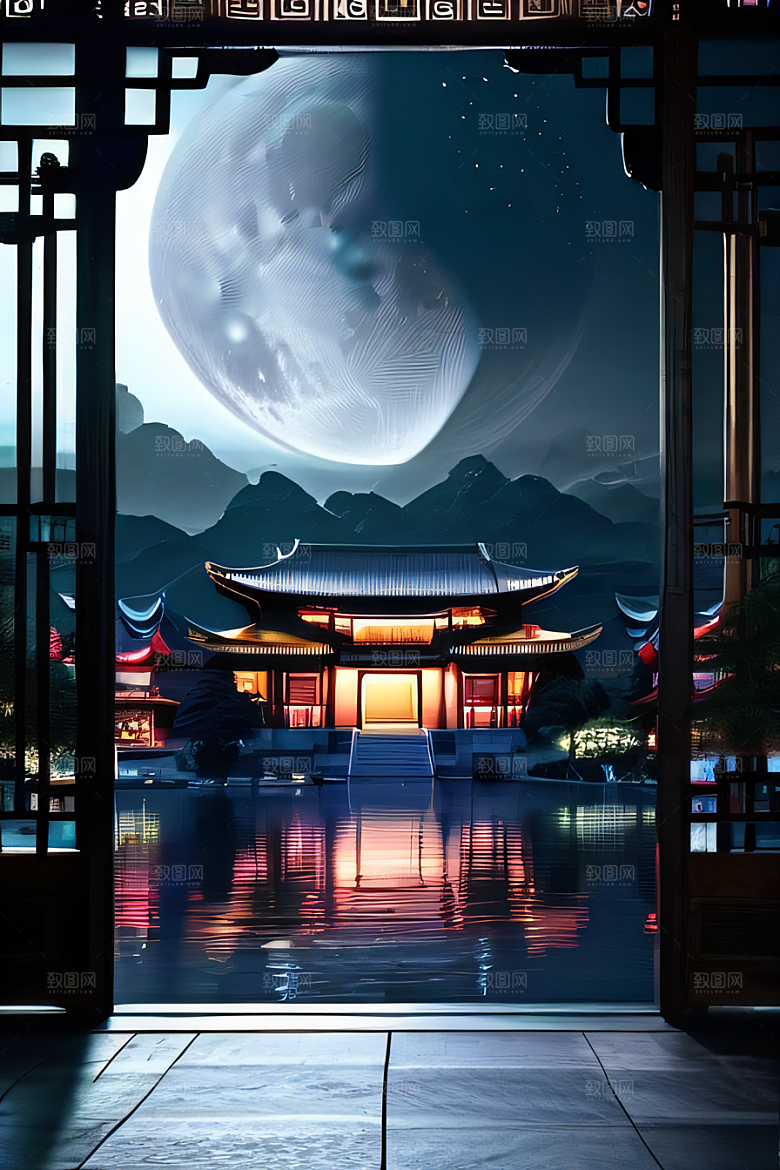 月华倾泻宏伟中国宫殿唯美画面