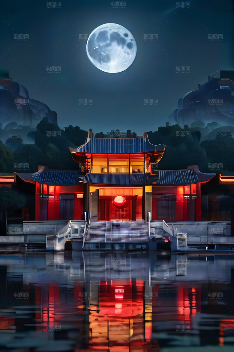 月华倾泻宏伟中国宫殿唯美画面