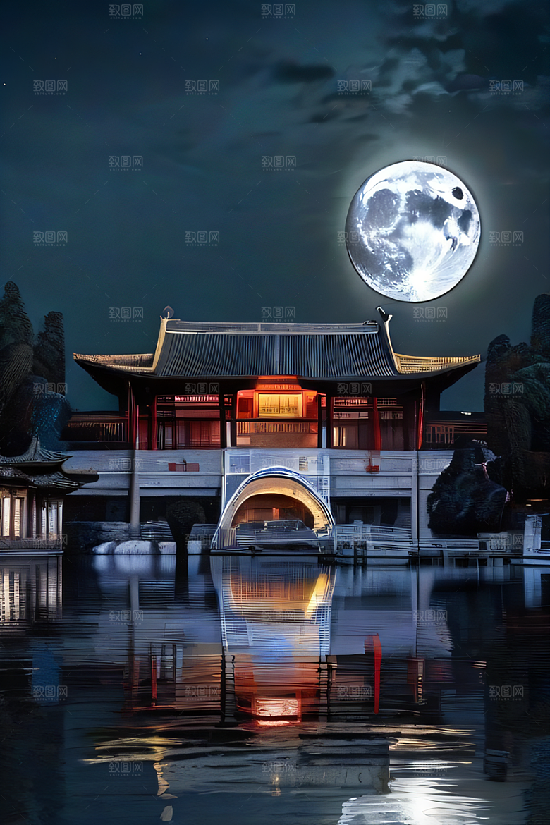 月华倾泻宏伟中国宫殿唯美画面