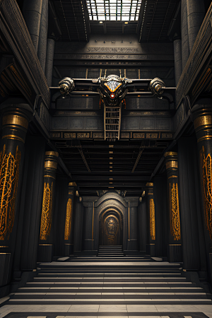 超写实古宫殿未来影像黑暗生物机械巨厅