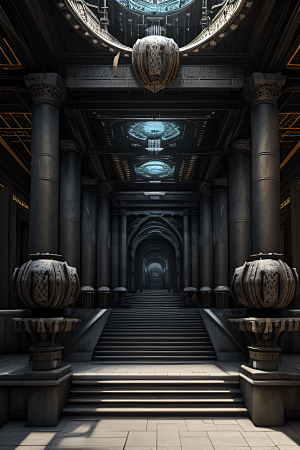 未来影像超写实黑暗古宫殿生物机械巨大大厅