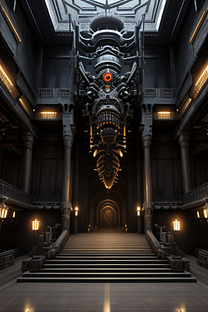 未来影像超写实黑暗古宫殿生物机械巨大大厅