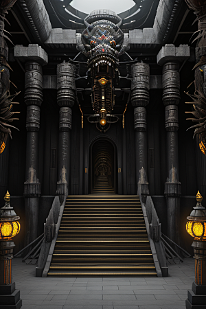 古代宫殿超写实黑暗未来场景巨大生物机械