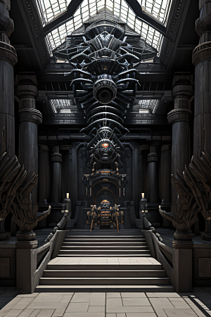 古代宫殿超写实黑暗未来场景巨大生物机械
