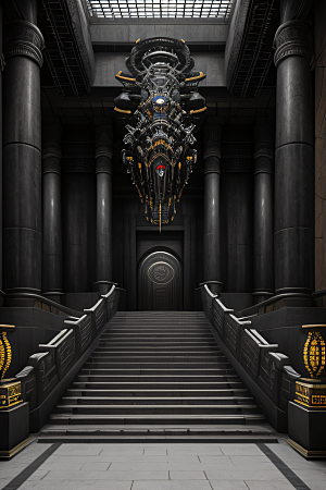 超写实暗黑古宫殿生物机械巨大大厅