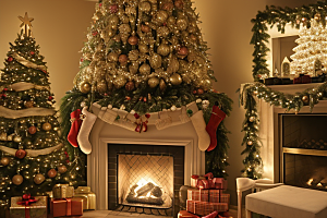 灯光圣诞树与家庭装饰