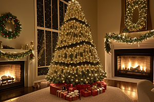灯光圣诞树与家庭装饰
