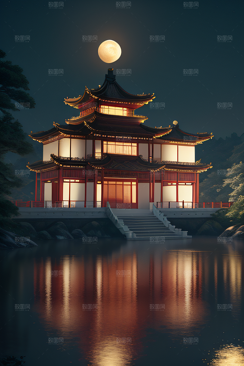 梦幻古风金白之月悄然升起宛如仙境