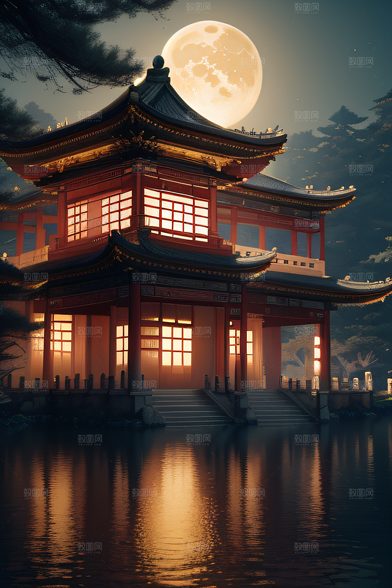 梦幻古风金白之月悄然升起宛如仙境