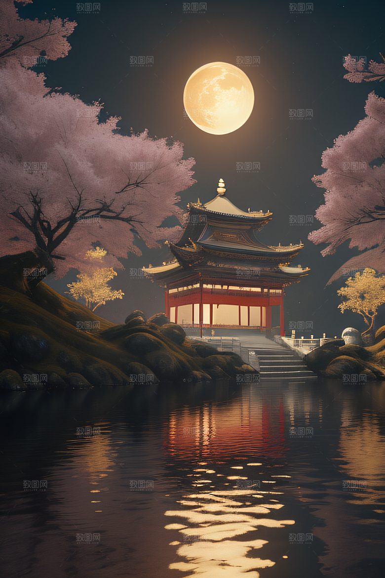 梦幻古风金白之月悄然升起宛如仙境