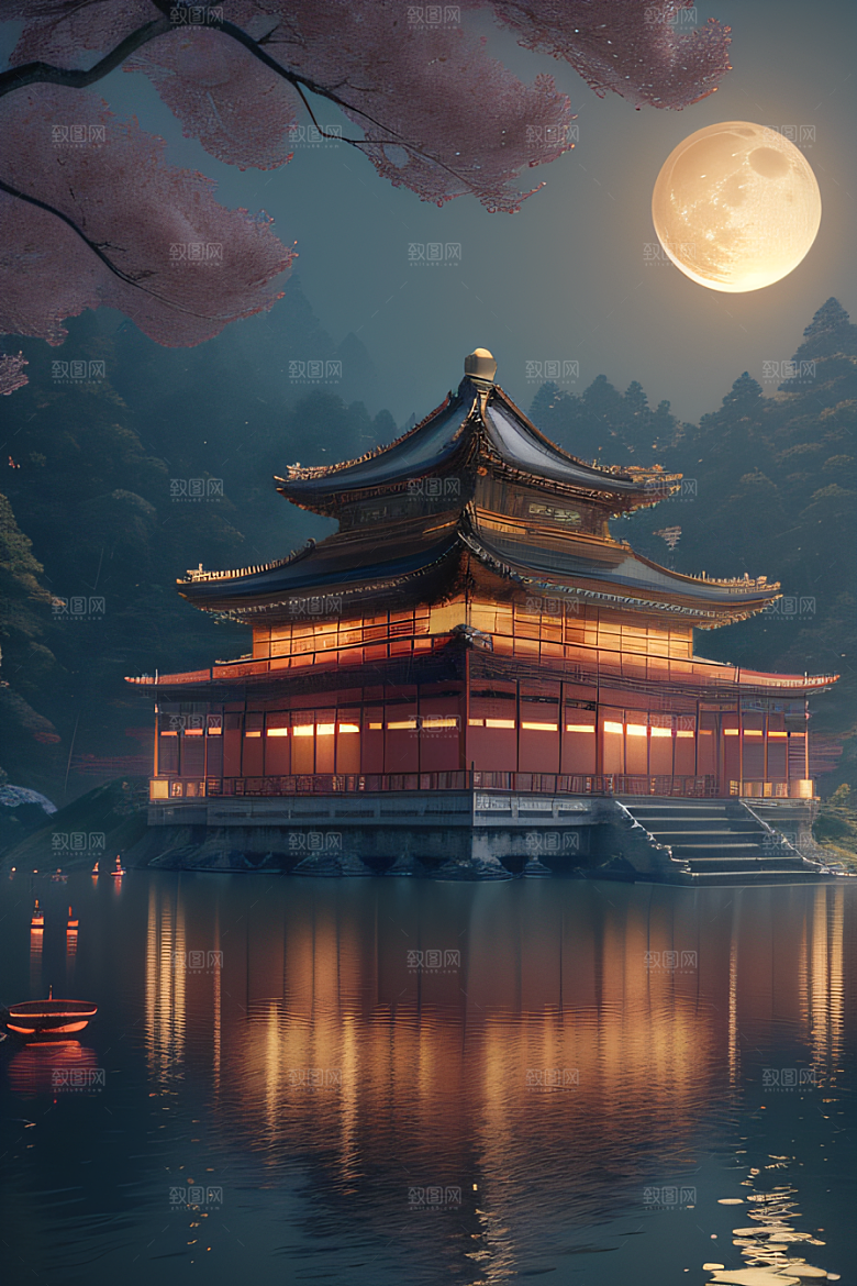 梦幻古风金白之月悄然升起宛如仙境