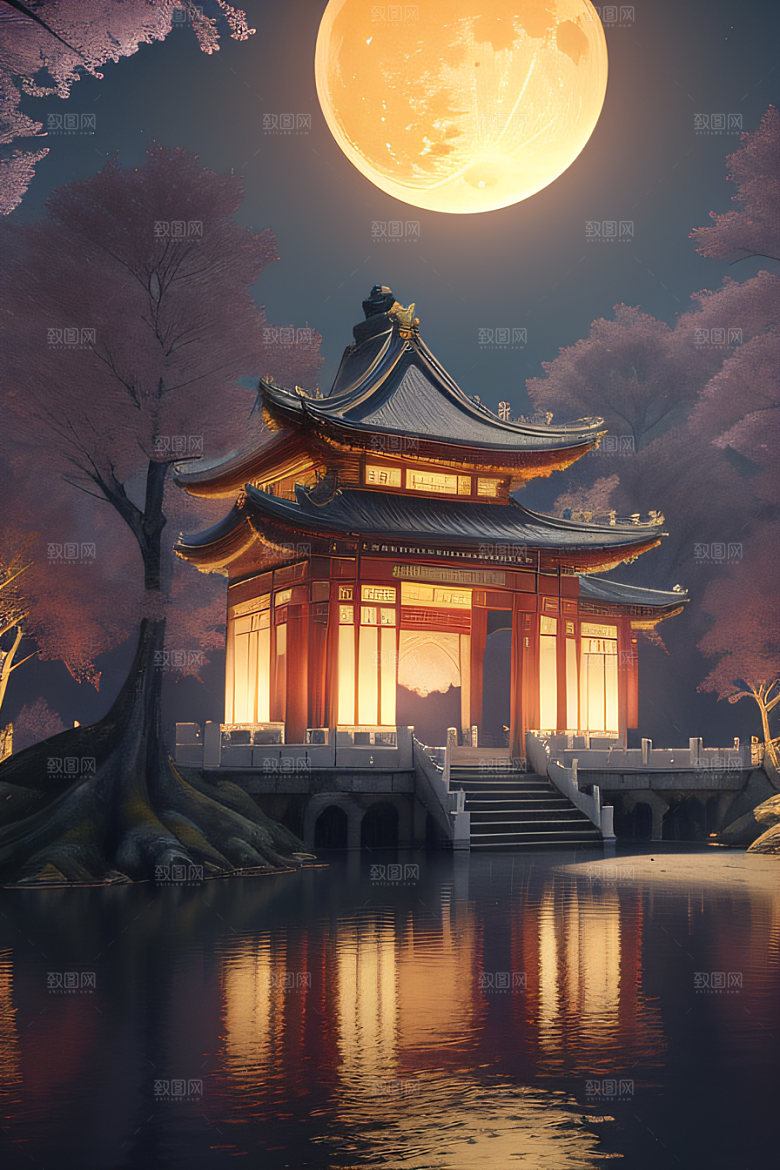梦幻古风金白之月悄然升起宛如仙境