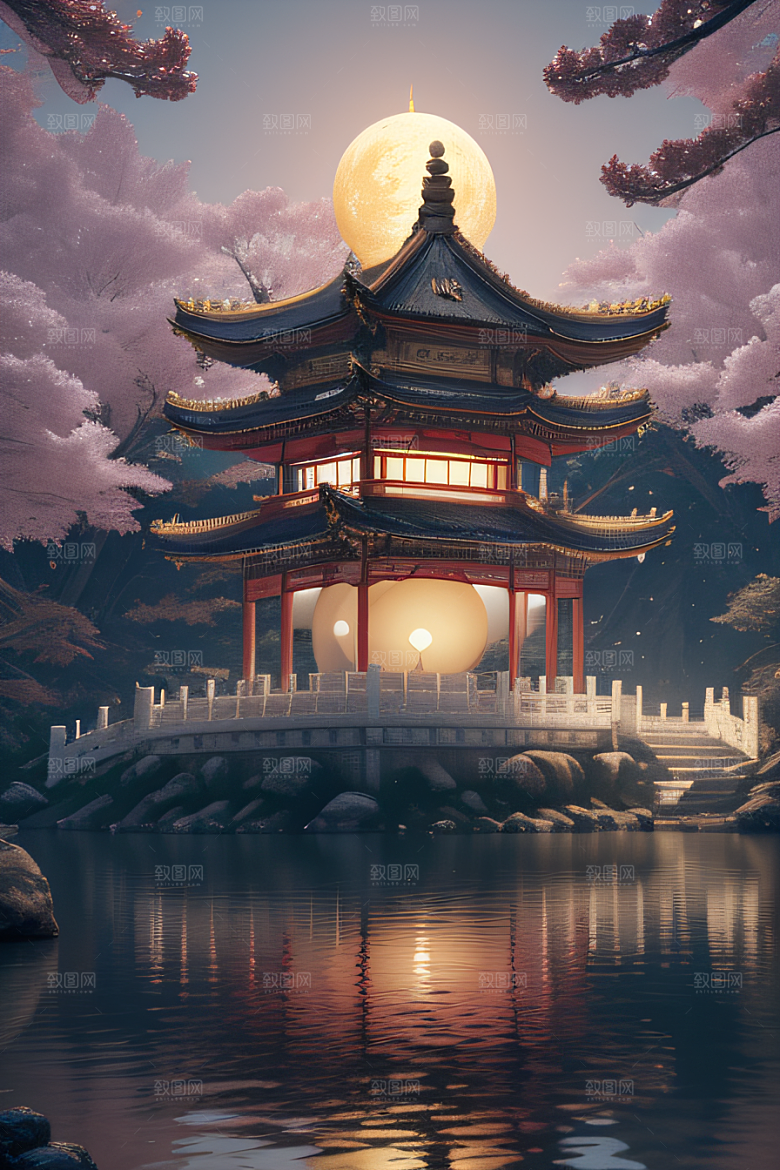 梦幻古风金白之月悄然升起宛如仙境