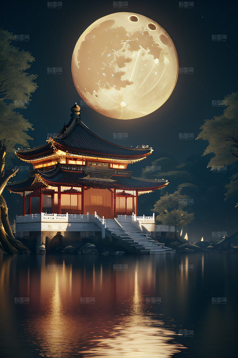 梦幻古风金白之月悄然升起宛如仙境