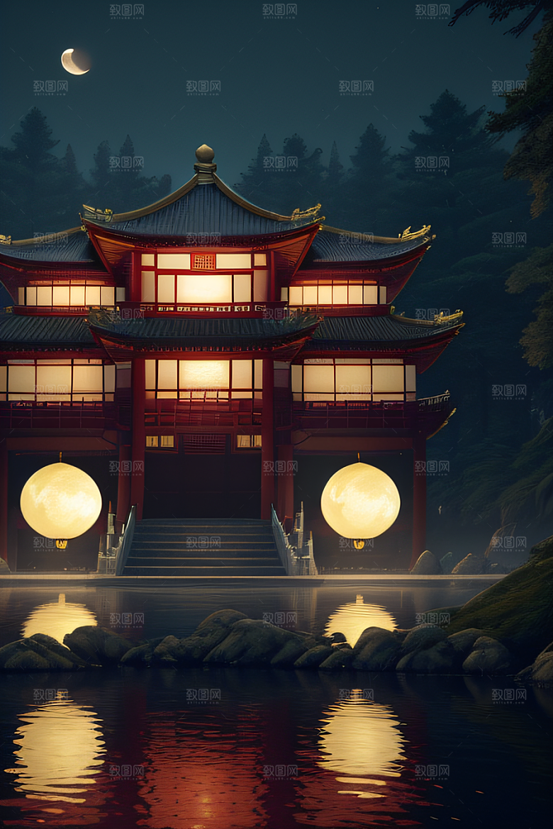 梦幻古风金白之月悄然升起宛如仙境