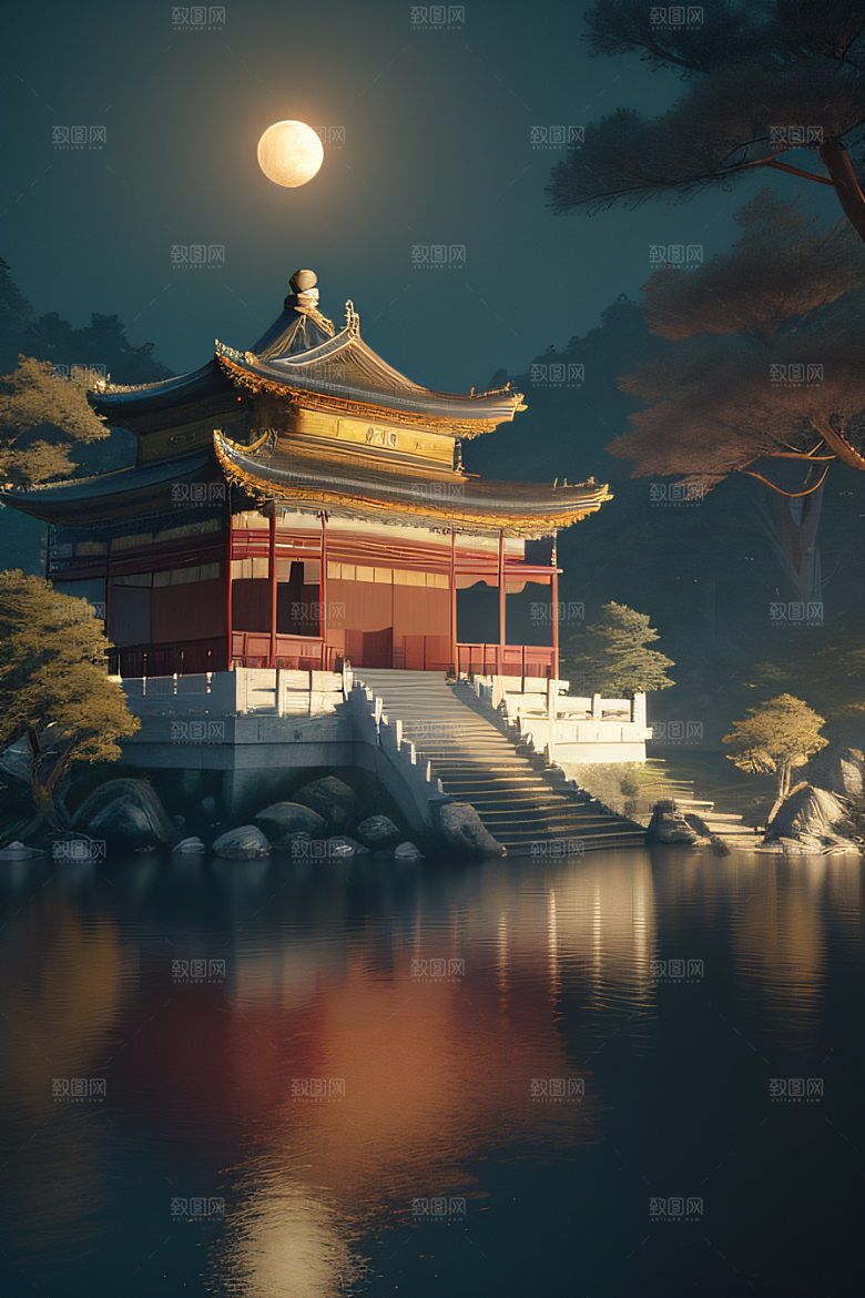 梦幻古风金白之月悄然升起宛如仙境