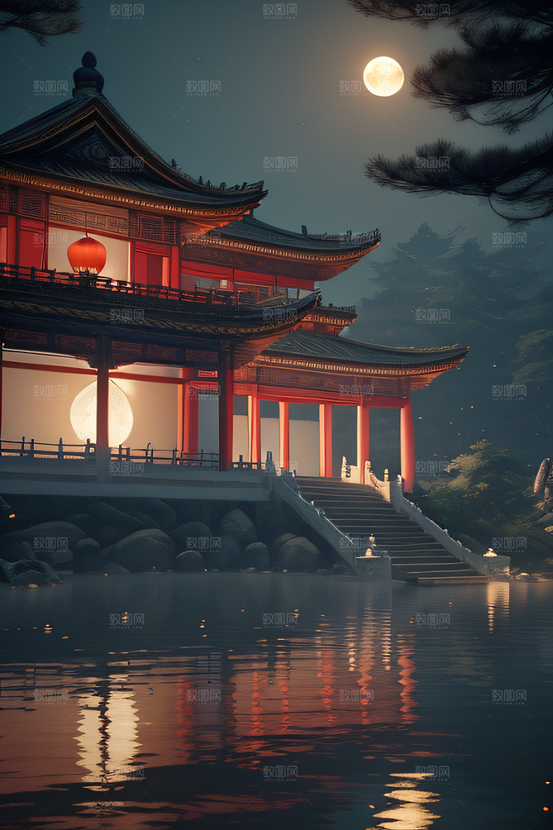 梦幻古风金白之月悄然升起宛如仙境