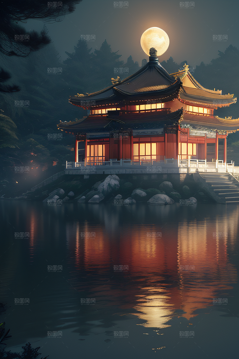 梦幻古风金白之月悄然升起宛如仙境
