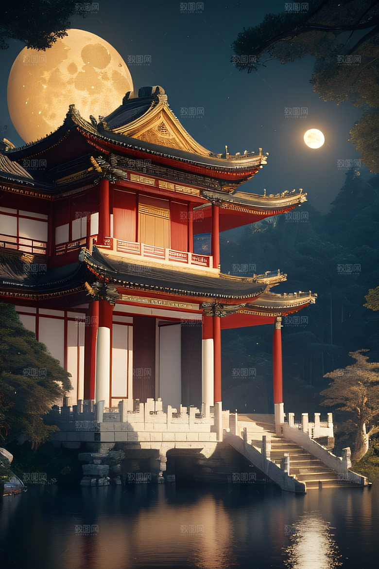 梦幻古风金白之月悄然升起宛如仙境