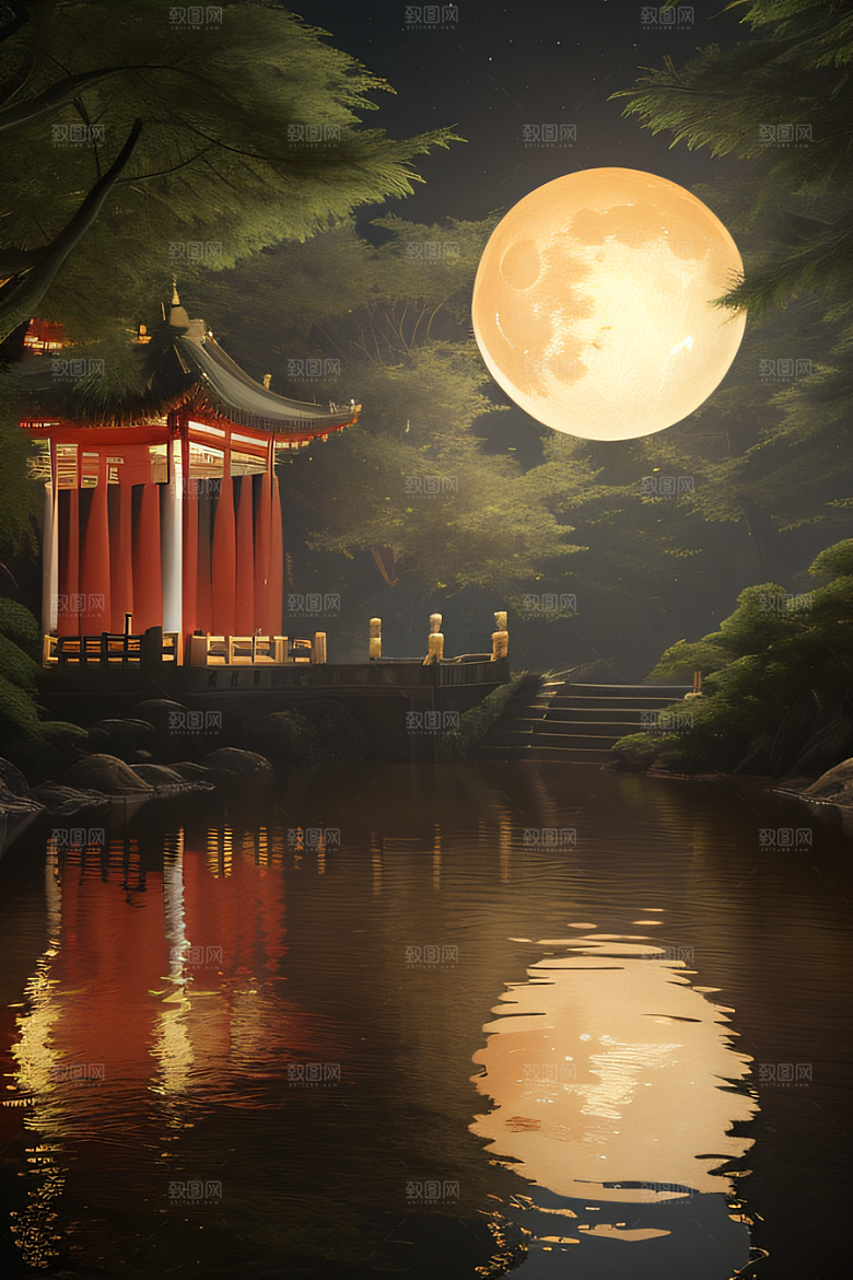 梦幻古风金白之月悄然升起宛如仙境