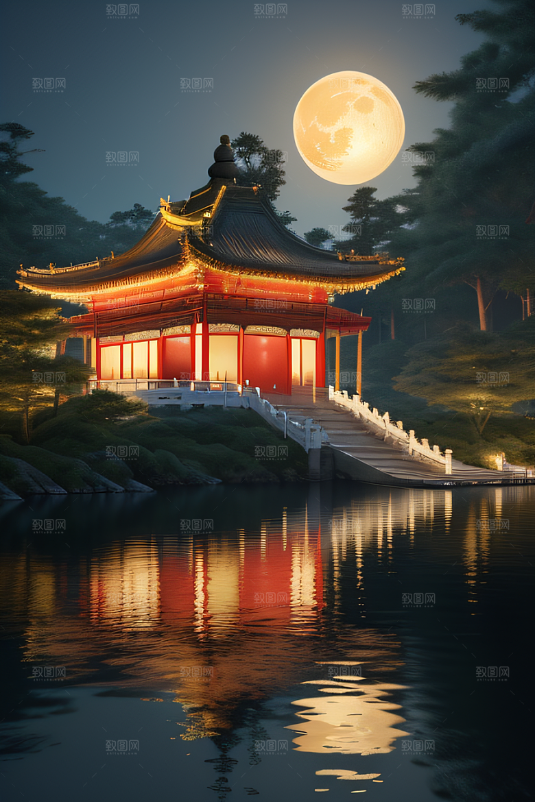 梦幻古风金白之月悄然升起宛如仙境
