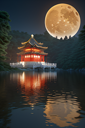 梦幻古风金白之月悄然升起宛如仙境