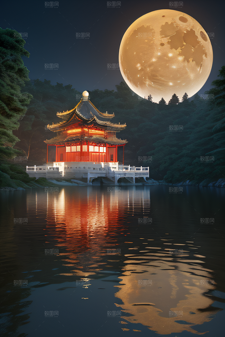 梦幻古风金白之月悄然升起宛如仙境