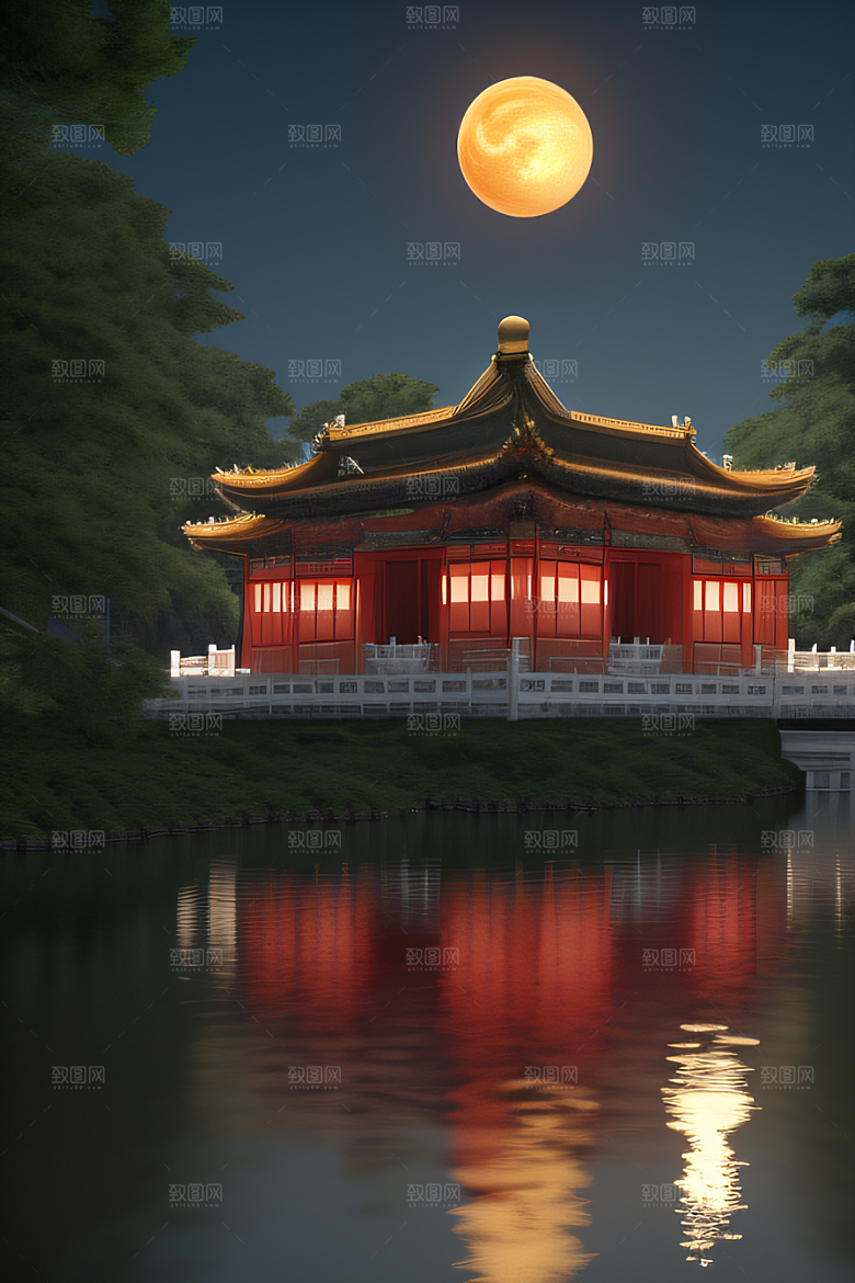 梦幻古风金白之月悄然升起宛如仙境