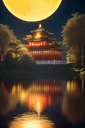 梦幻古风金白之月悄然升起宛如仙境