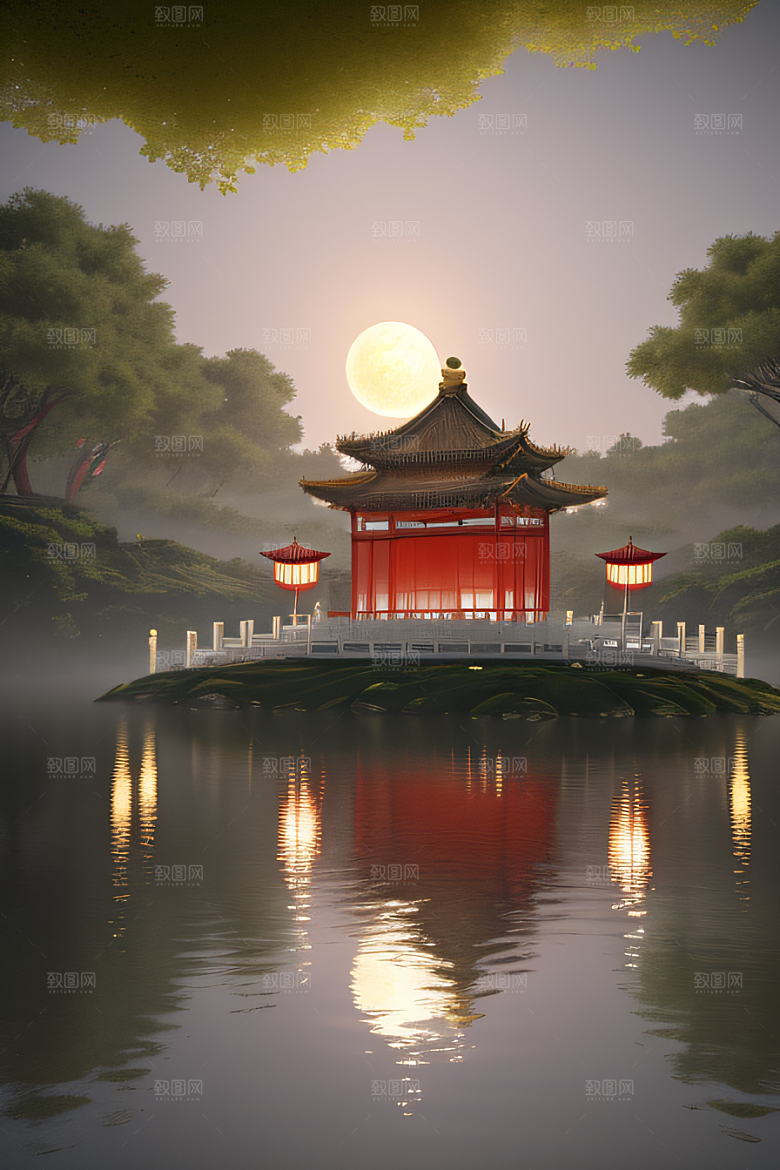 梦幻古风金白之月悄然升起宛如仙境
