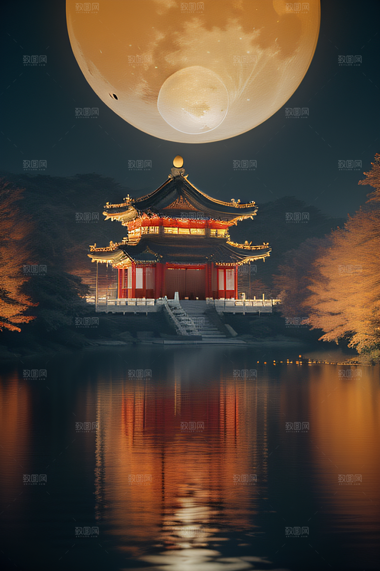 梦幻古风金白之月悄然升起宛如仙境