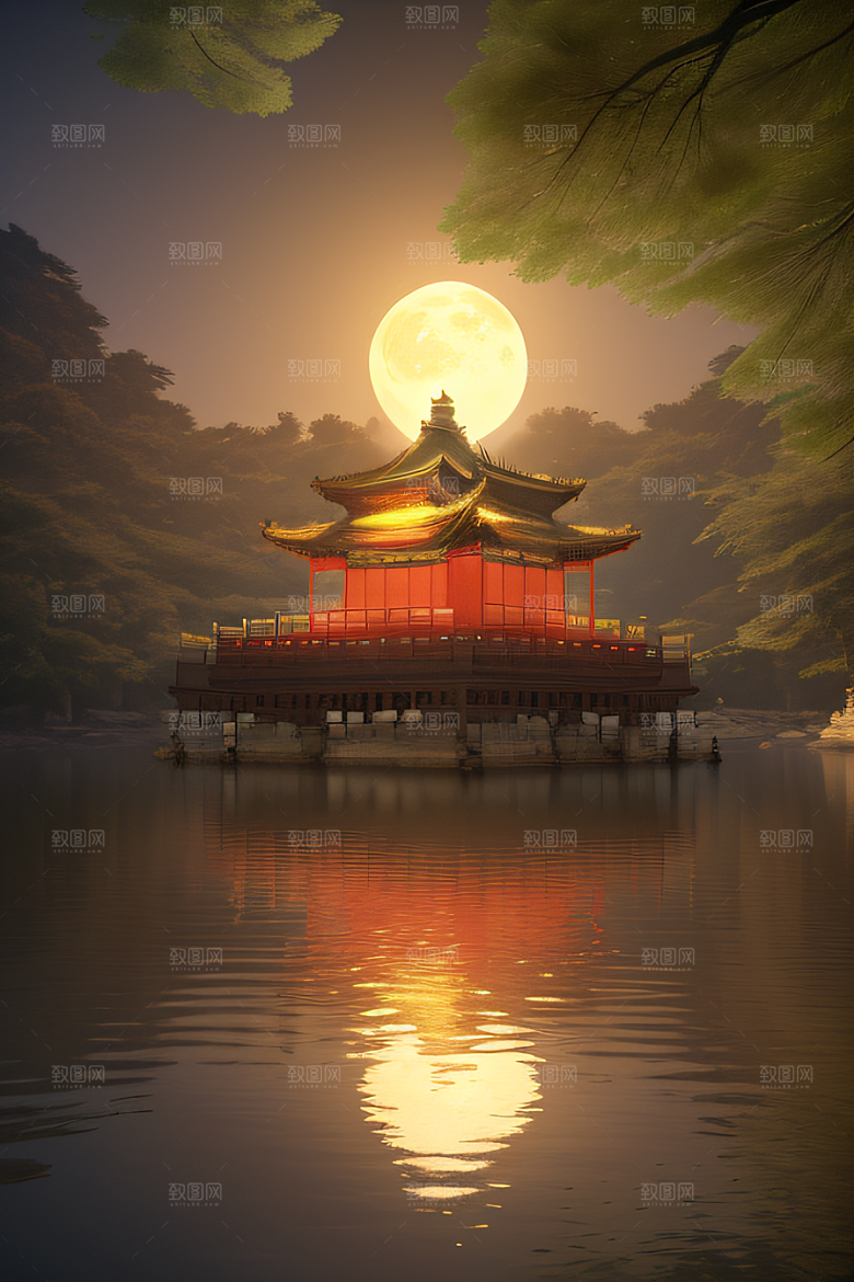 梦幻古风金白之月悄然升起宛如仙境