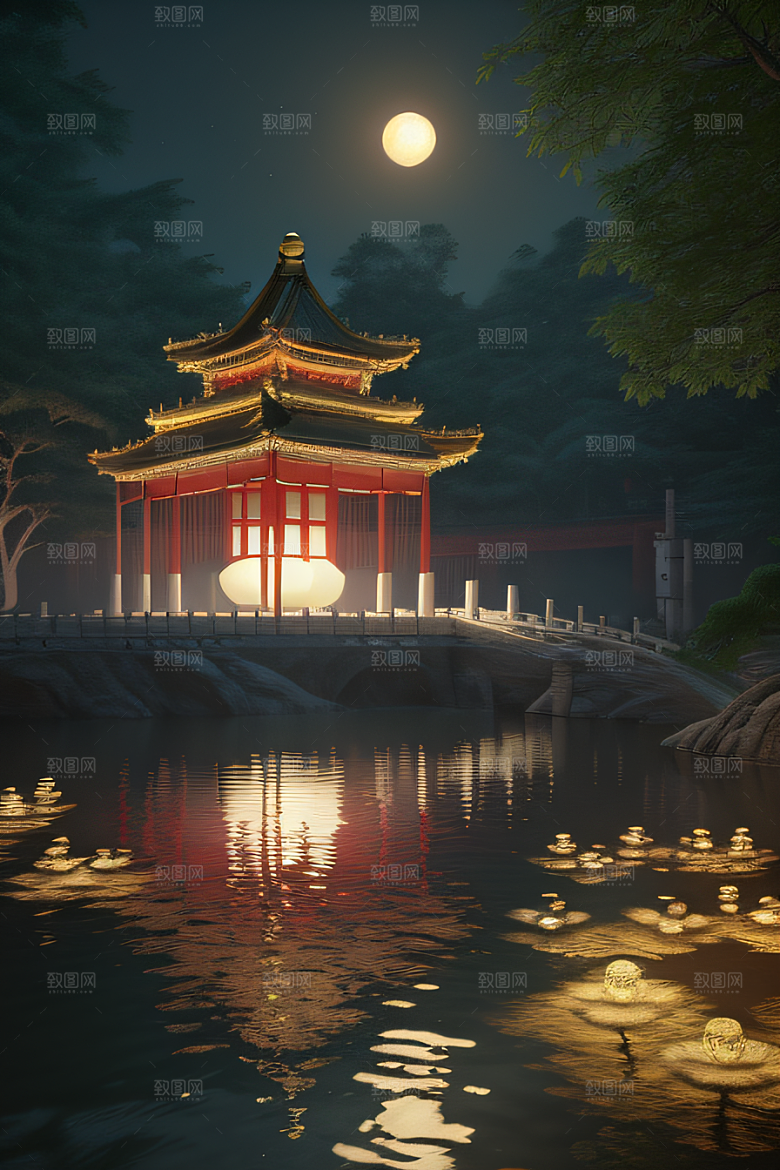 梦幻古风金白之月悄然升起宛如仙境
