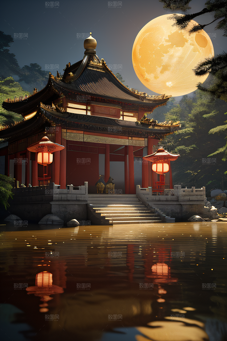 梦幻古风金白之月悄然升起宛如仙境