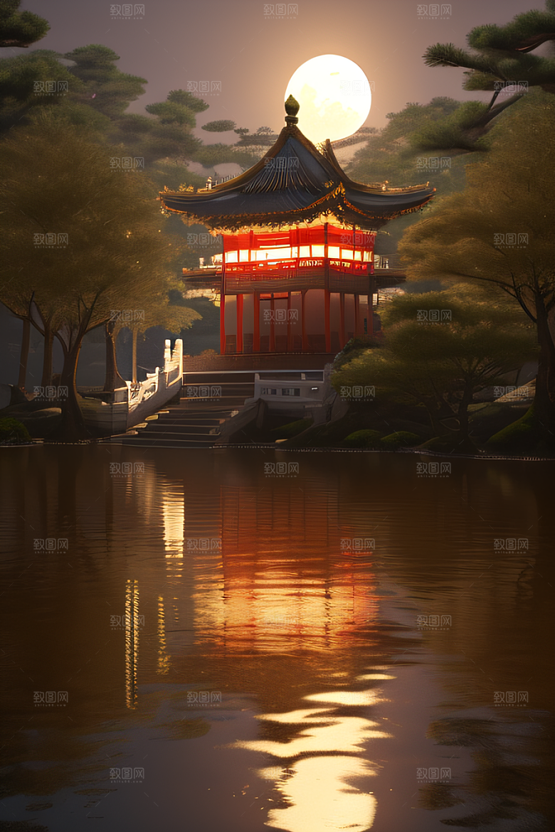 梦幻古风金白之月悄然升起宛如仙境