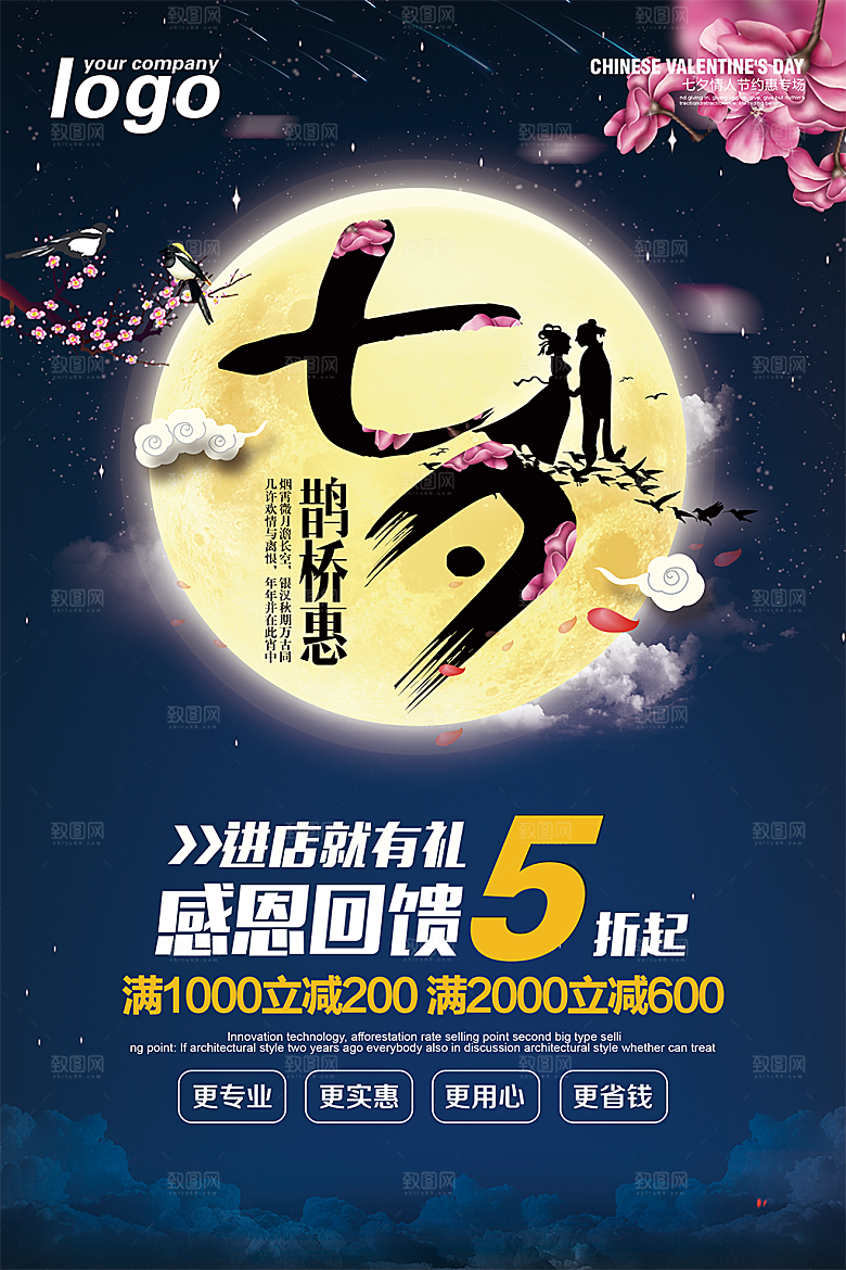 蓝色渐变七夕情人节海报