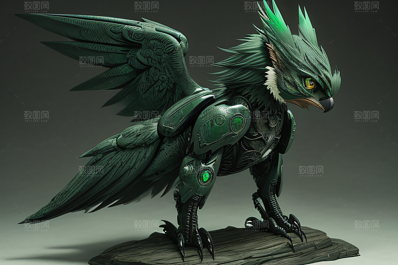 细致入微的绿眼金属狮鹰全身画作