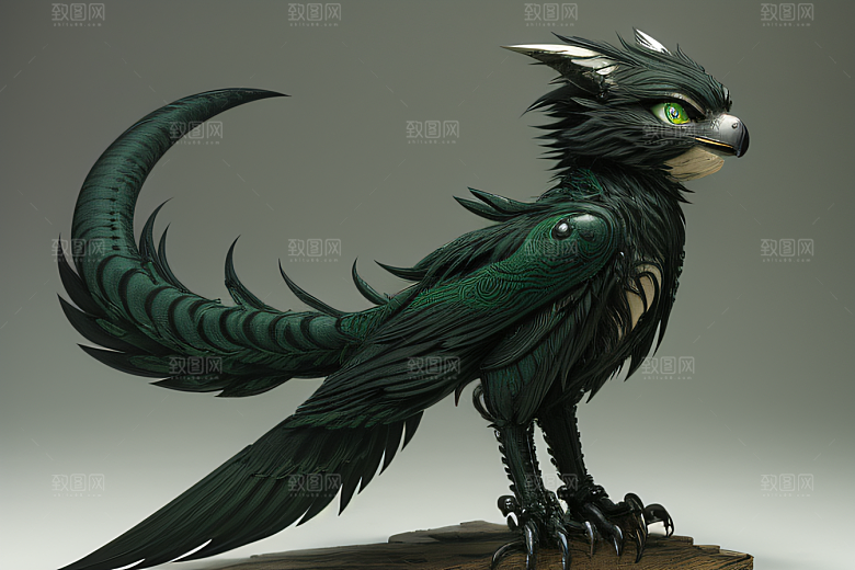 8K超细节描绘绿眼长尾金属人形狮鹰