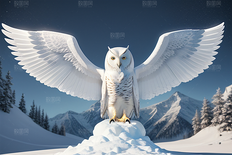 冰雪之魂对称面容的猫头鹰人像