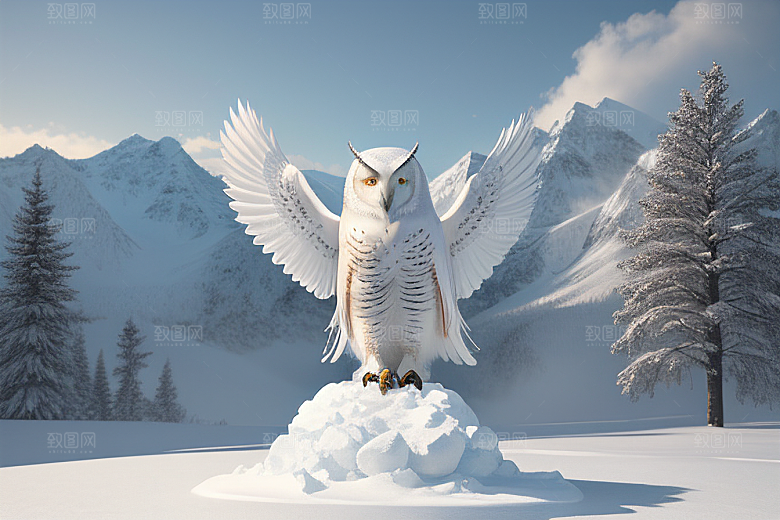 冰雪守护者神秘冰雕中的猫头鹰雕像