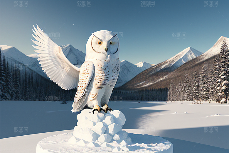 冰雪封印冷冽的幻影中的雪魄猫头鹰